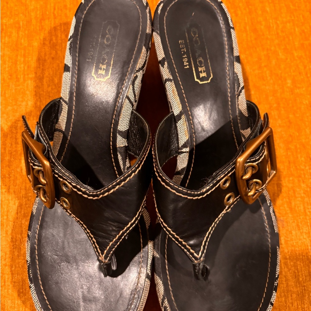 Vintage Coach Sherri Monogram Platform Wedge Sandals Black Gray Y2K Buckle 9 - Picture 2 of 7